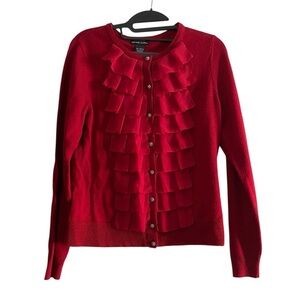 New York & CO Red Ruffle Crew Neck Button-Up Cardigan Size M